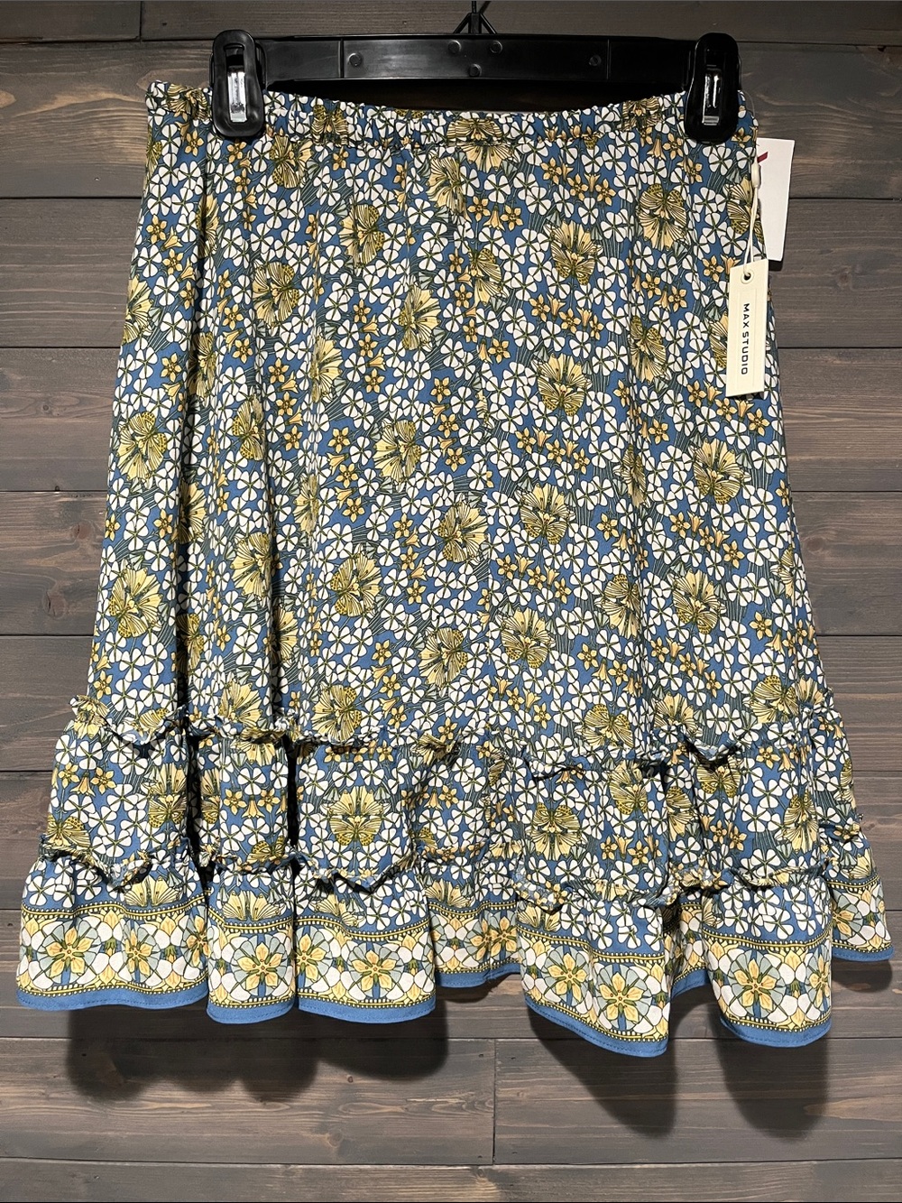 NWT Max Studio Blue and Yellow Floral Ruffle Hem Skirt S
